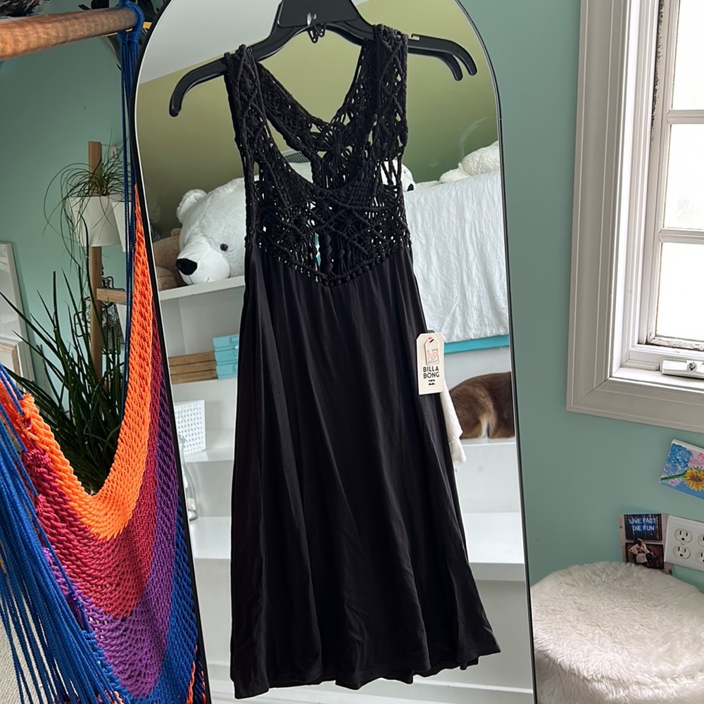 Billa bong black knit dress, macrame detail front and back